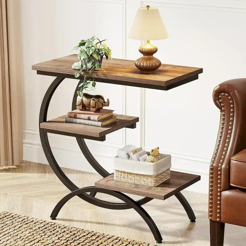 C-Shaped Side Table, 3-Tier Wood End Table with Storage Shelves, Brown
