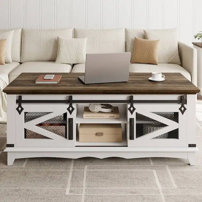 Farmhouse Coffee Table with Sliding Barn Door Storage