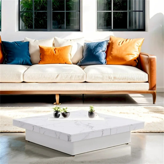Square Marble Veneer Coffee Table Sliding Top with Storage
