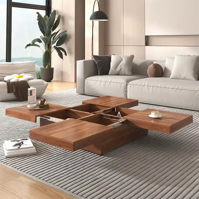 Square Marble Veneer Coffee Table Sliding Top with Storage