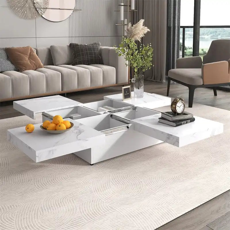 Square Marble Veneer Coffee Table Sliding Top with Storage