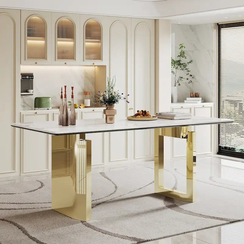 0.47 Thick Sintered Stone Composite Tempered Glass Top Rectangular Dining Table with Stainless Steel Base