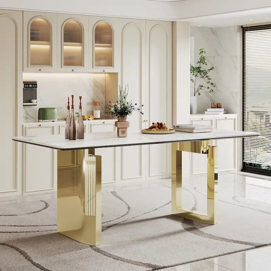 0.47 Thick Sintered Stone Composite Tempered Glass Top Rectangular Dining Table with Stainless Steel Base