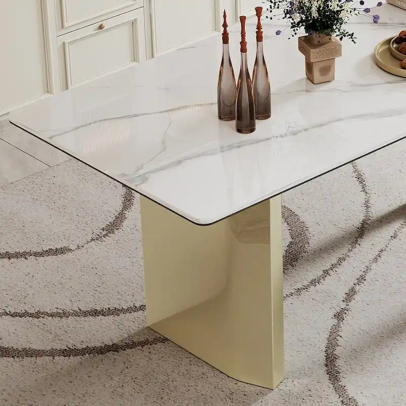 0.47 Thick Sintered Stone Composite Tempered Glass Top Rectangular Dining Table with Stainless Steel Base
