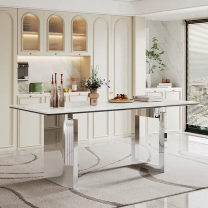 0.47 Thick Sintered Stone Composite Tempered Glass Top Rectangular Dining Table with Stainless Steel Base