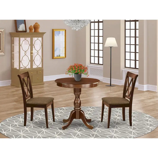 East West Furniture 3 Piece Dining Table Set- a Round Kitchen Table with Pedestal and 2 Dining Chairs, Mahogany(Seat Options)