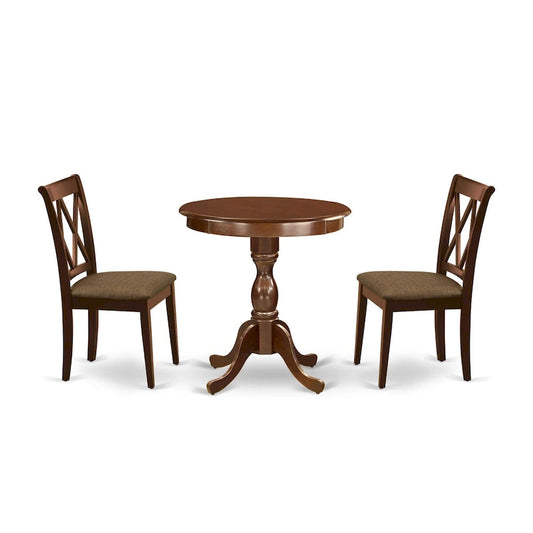 East West Furniture 3 Piece Dining Table Set- a Round Kitchen Table with Pedestal and 2 Dining Chairs, Mahogany(Seat Options)