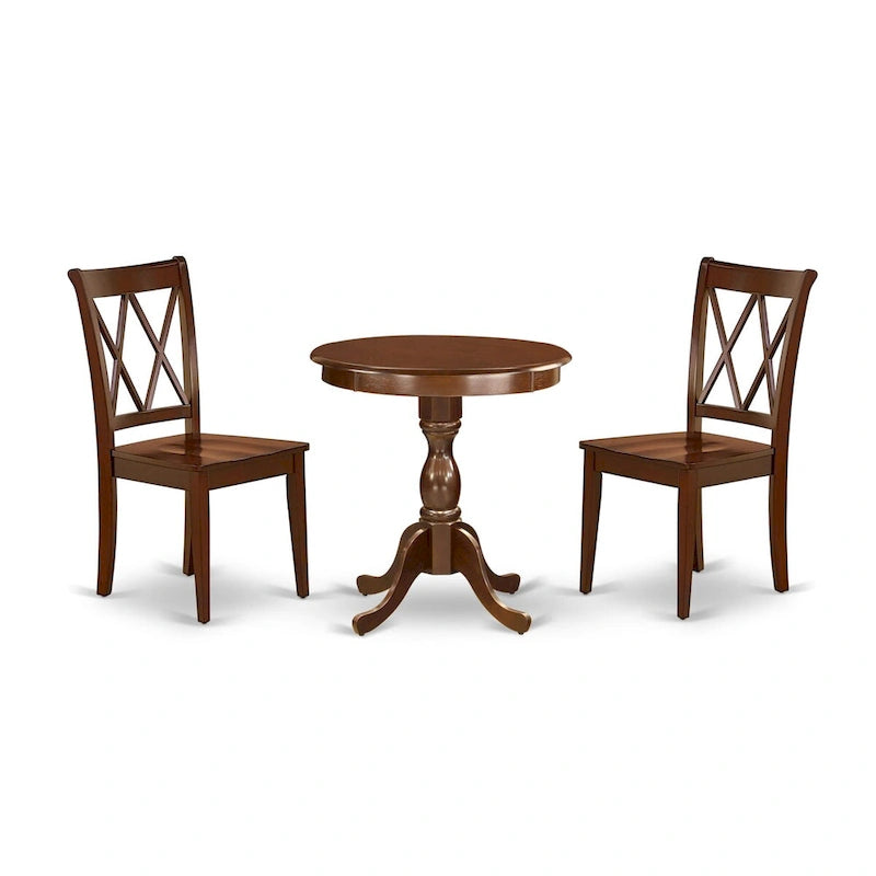 East West Furniture 3 Piece Dining Table Set- a Round Kitchen Table with Pedestal and 2 Dining Chairs, Mahogany(Seat Options)