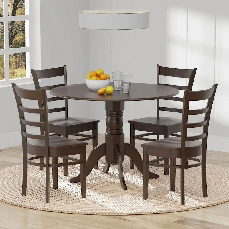 5-Piece Dining Set, 42 Round Drop-Leaf Table and Slat Back Chairs