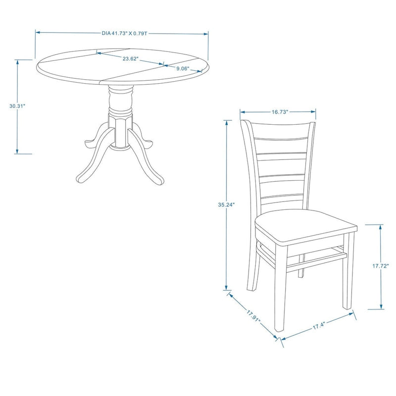 5-Piece Dining Set, 42 Round Drop-Leaf Table and Slat Back Chairs