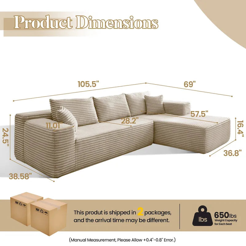 HOOOWOOO Modern Upholstery Chaise Sofa with Pillows for Living Room