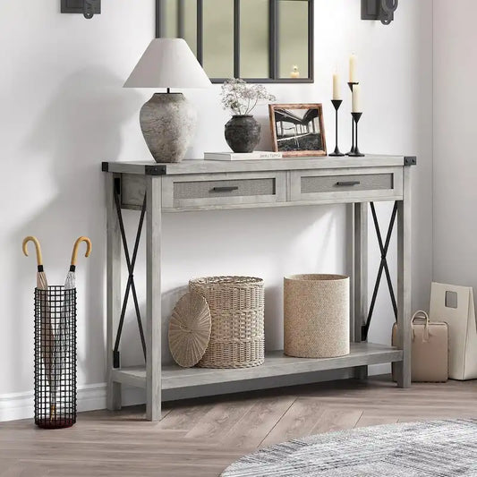 Console Table with Rattan Drawers, Farmhouse Sofa Table