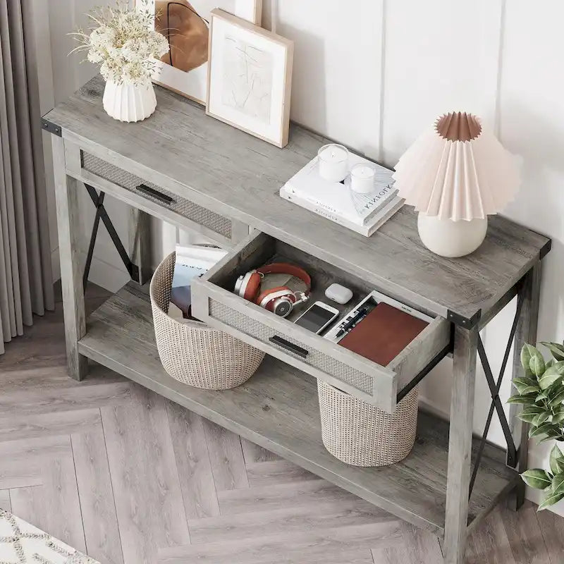 Console Table with Rattan Drawers, Farmhouse Sofa Table