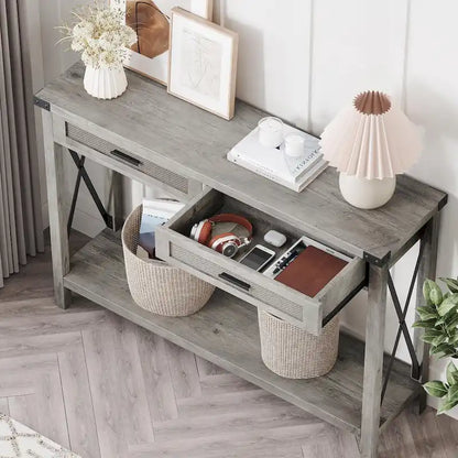 Console Table with Rattan Drawers, Farmhouse Sofa Table