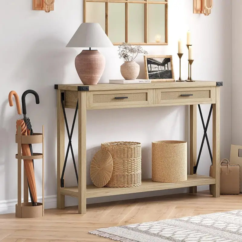 Console Table with Rattan Drawers, Farmhouse Sofa Table