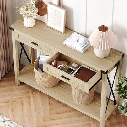Console Table with Rattan Drawers, Farmhouse Sofa Table