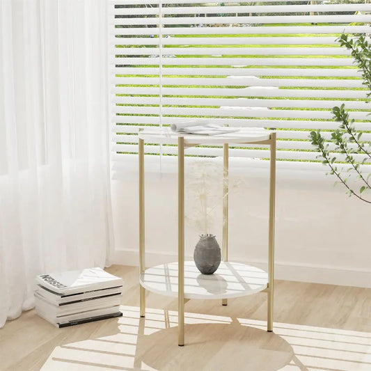 2-Tier Marble Table Round Coffee End Side Table with Storage Shelf