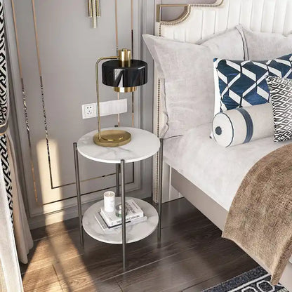 2-Tier Marble Table Round Coffee End Side Table with Storage Shelf