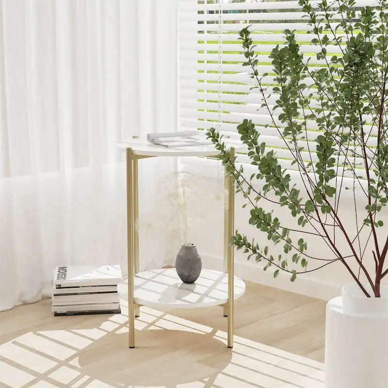 2-Tier Marble Table Round Coffee End Side Table with Storage Shelf