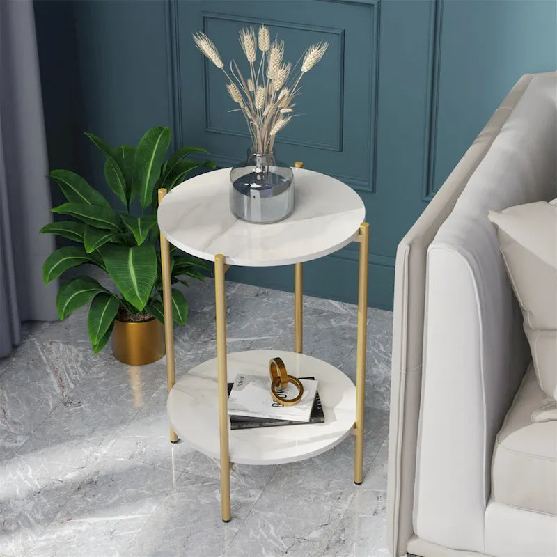 2-Tier Marble Table Round Coffee End Side Table with Storage Shelf