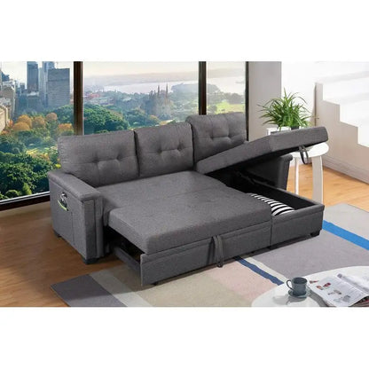 Ashlyn 84-inch Dark Gray Reversible Sleeper Sectional Sofa with Storage Chaise and USB Charging Ports - 84W x 54D x 35H