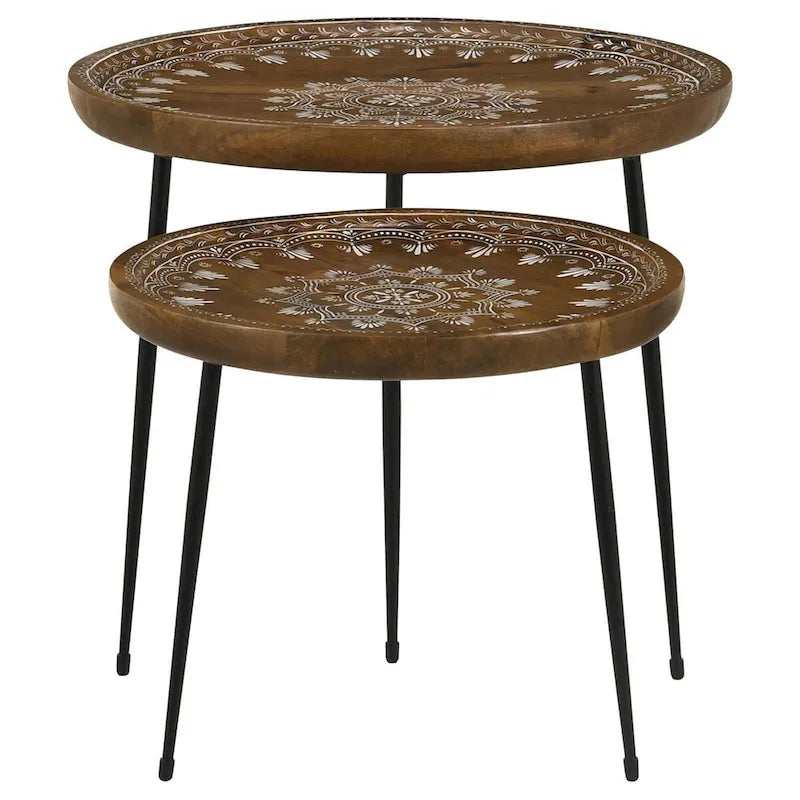 2 Piece Round Nesting Tray Top Table Set, Carved Edges, Motif Design, Brown