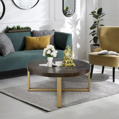 36 inch Rustic Round Wood Coffee Table Hammered Cross Legs Gold Finish Metal for Living Room - D36 X H16