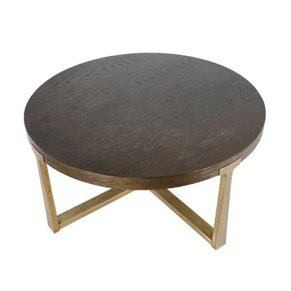 36 inch Rustic Round Wood Coffee Table Hammered Cross Legs Gold Finish Metal for Living Room - D36 X H16