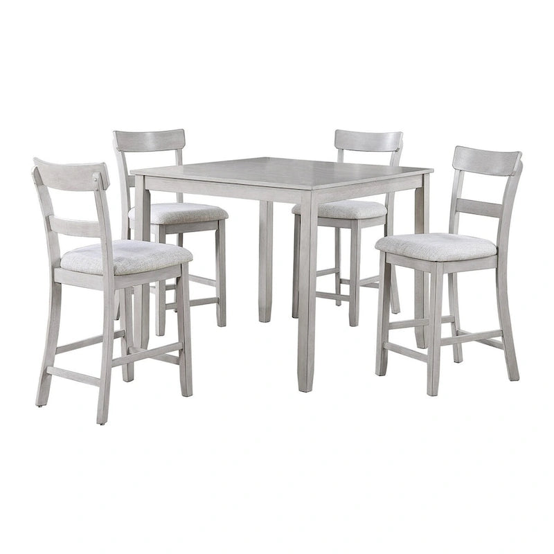 Cher 5 Piece Set Counter Height Dining Table, 4 Chairs, Gray Fabric, Wood