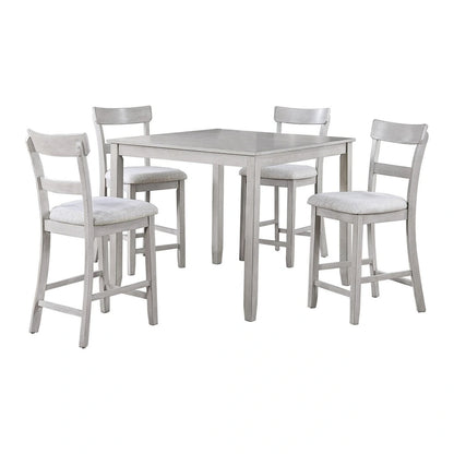 Cher 5 Piece Set Counter Height Dining Table, 4 Chairs, Gray Fabric, Wood
