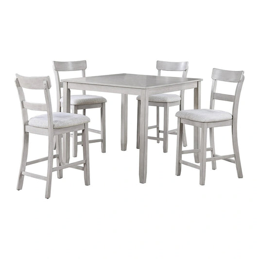 Cher 5 Piece Set Counter Height Dining Table, 4 Chairs, Gray Fabric, Wood
