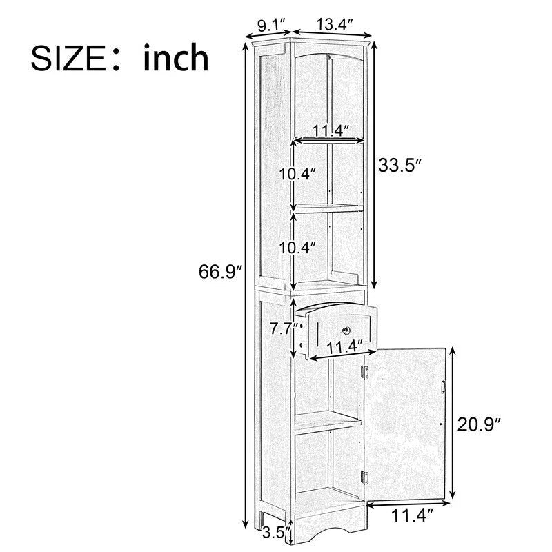 67 Tall Bathroom Organizers and Cabinet, Freestanding Storage Cabinet with Drawer, Door and Adjustable Shelves