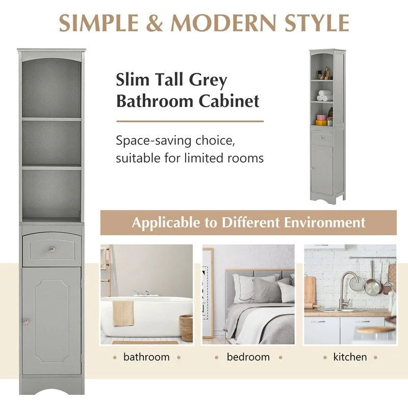 67 Tall Bathroom Organizers and Cabinet, Freestanding Storage Cabinet with Drawer, Door and Adjustable Shelves