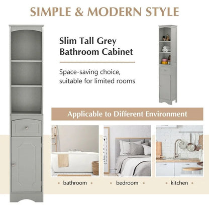 67 Tall Bathroom Organizers and Cabinet, Freestanding Storage Cabinet with Drawer, Door and Adjustable Shelves
