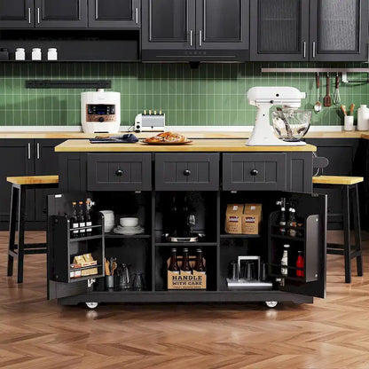 53 Kitchen Island with Drop Leaf, Power Outlet, Rolling Cart, and Storage Racks