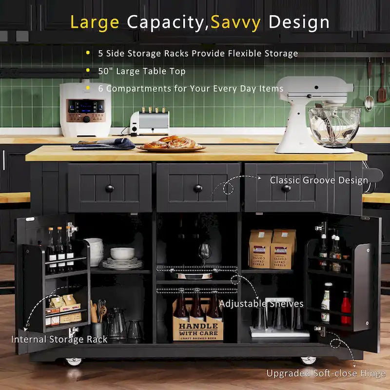 53 Kitchen Island with Drop Leaf, Power Outlet, Rolling Cart, and Storage Racks
