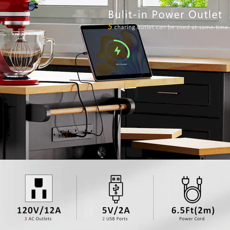 53 Kitchen Island with Drop Leaf, Power Outlet, Rolling Cart, and Storage Racks