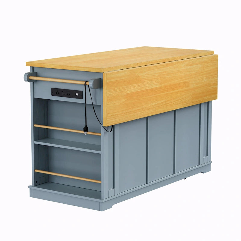 53 Kitchen Island with Drop Leaf, Power Outlet, Rolling Cart, and Storage Racks
