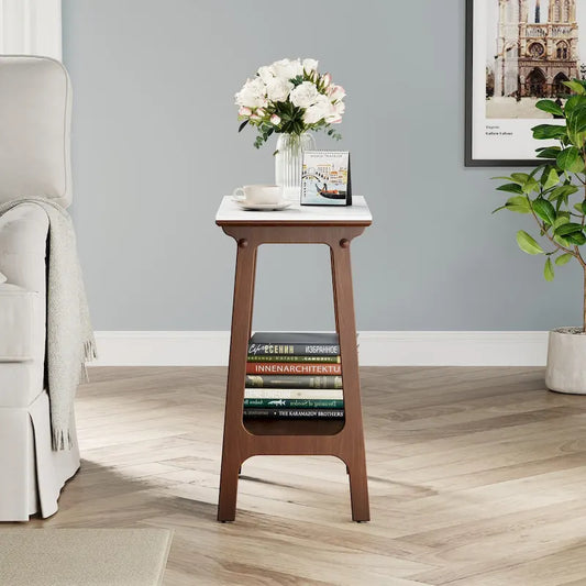 Brown Narrow Slate Side Table with Storage Shelf