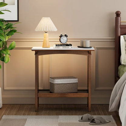Brown Narrow Slate Side Table with Storage Shelf