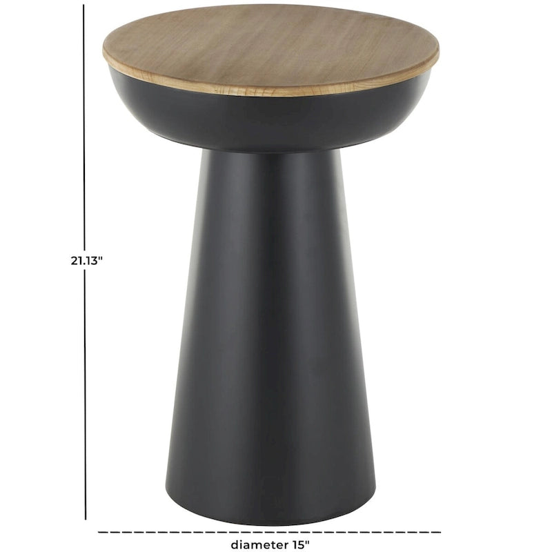 Metal Handmade Pedestal Side End Accent Table with Brown Wood Tabletop - Black - Roche River Decor