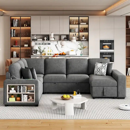 U-Shaped Sectional Sofa with Two USB Ports and Storage Chaise