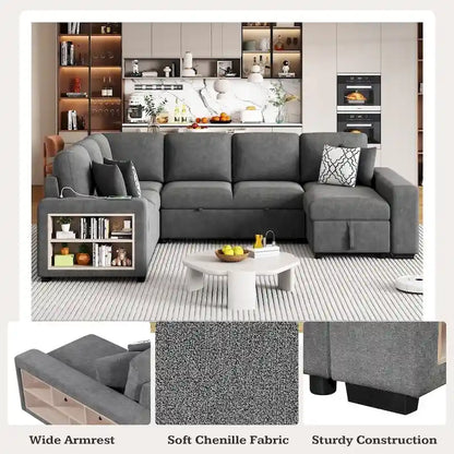 U-Shaped Sectional Sofa with Two USB Ports and Storage Chaise