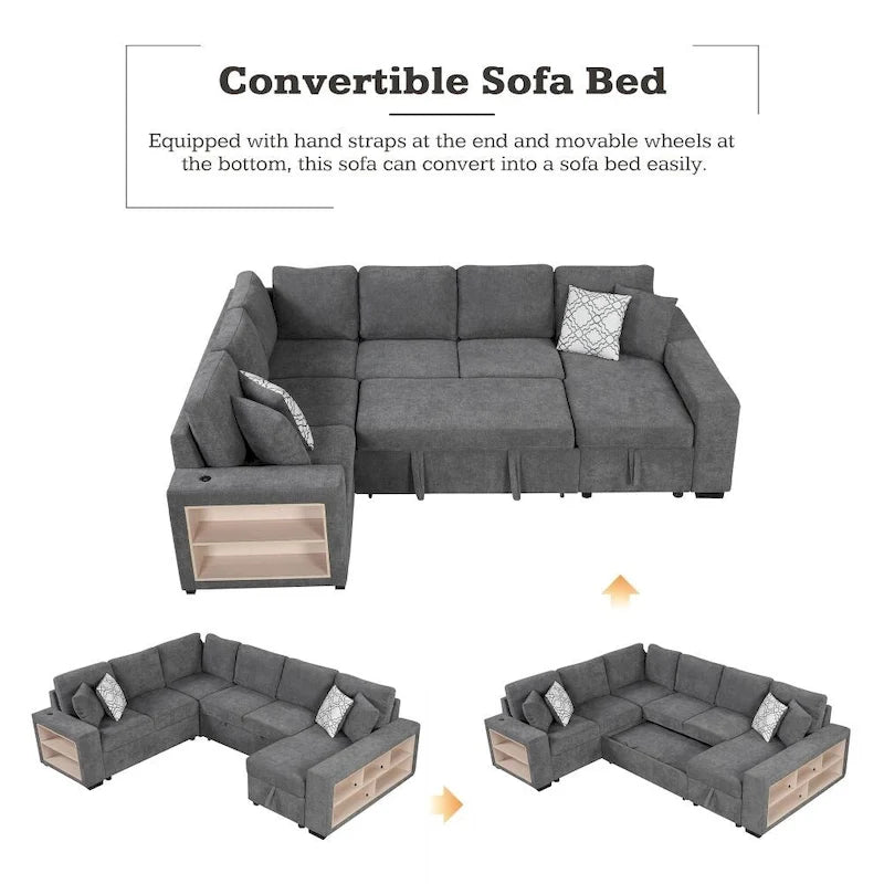 U-Shaped Sectional Sofa with Two USB Ports and Storage Chaise