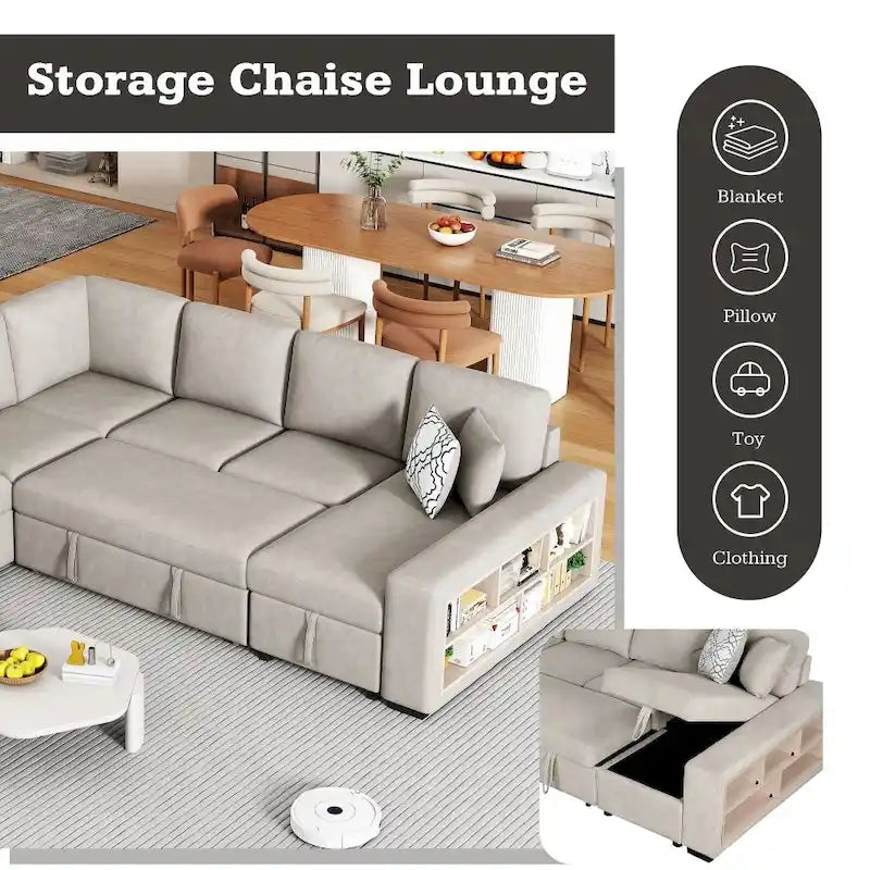 U-Shaped Sectional Sofa with Two USB Ports and Storage Chaise