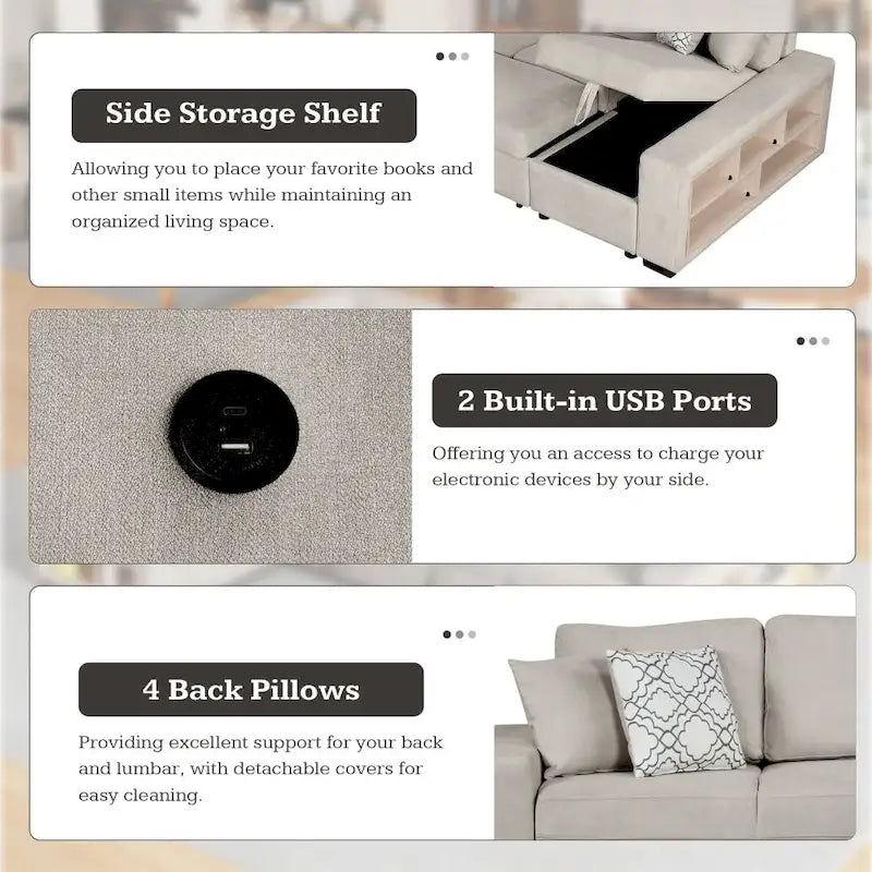 U-Shaped Sectional Sofa with Two USB Ports and Storage Chaise