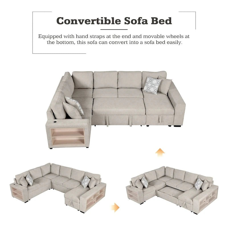 U-Shaped Sectional Sofa with Two USB Ports and Storage Chaise