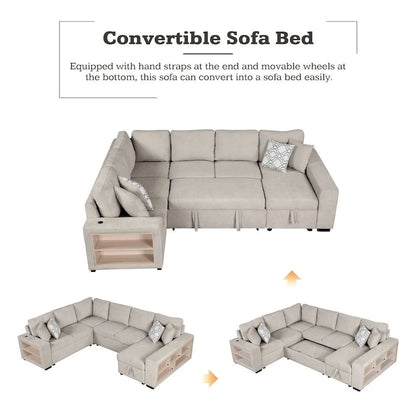 U-Shaped Sectional Sofa with Two USB Ports and Storage Chaise